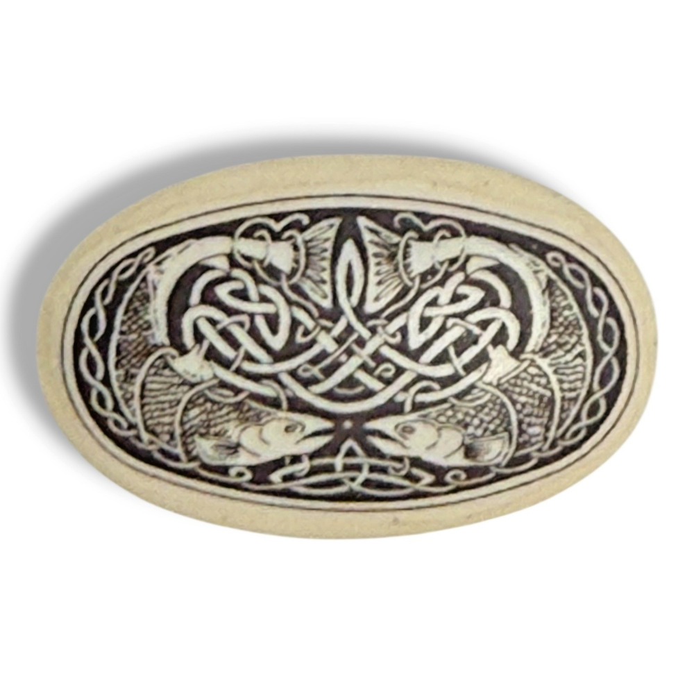 Touchstone Pottery Celtic Fish Brooch Pin Black & White Silhousette Oval USA